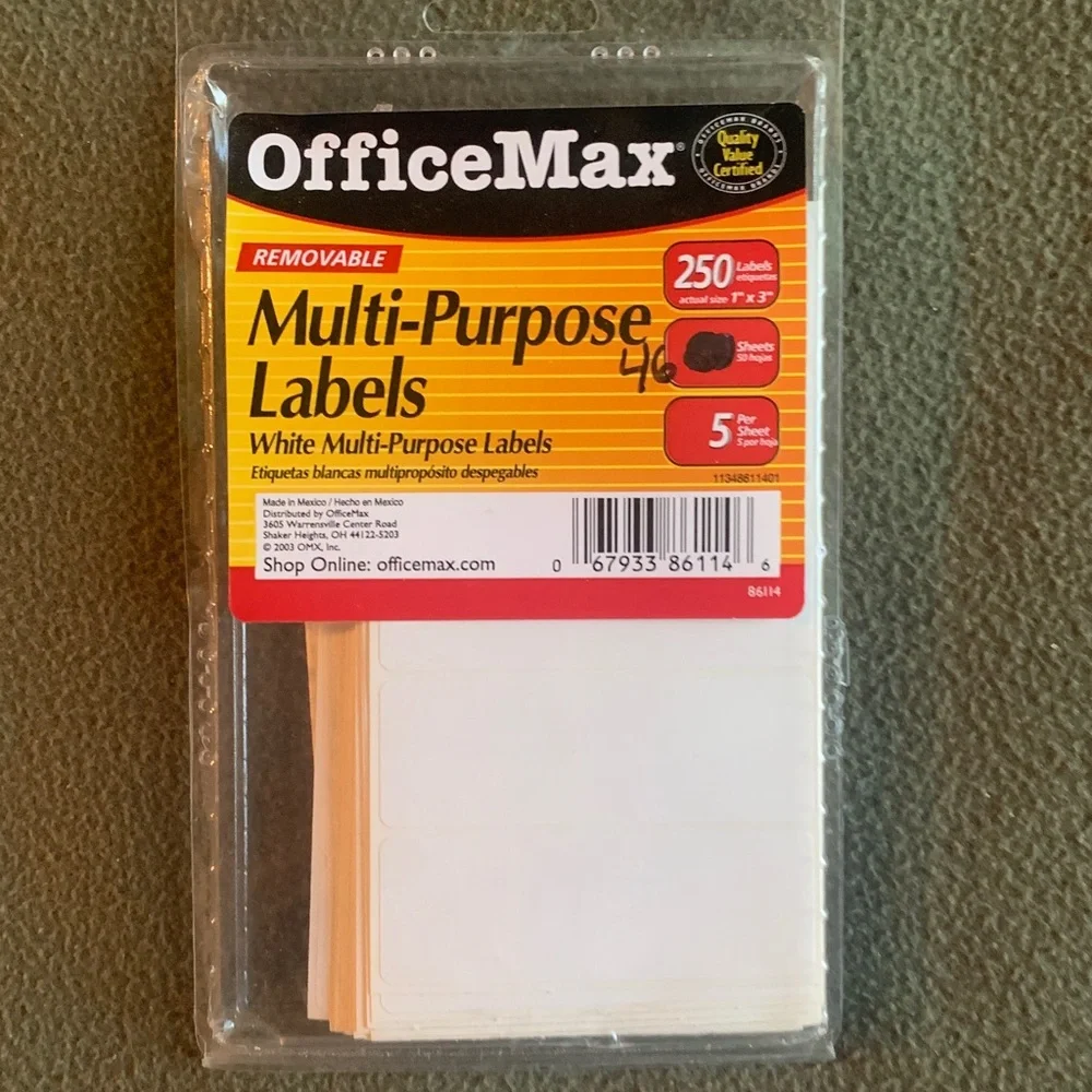 Office Max and Avery multi-purpose labels and file folder labels. Various sizes.